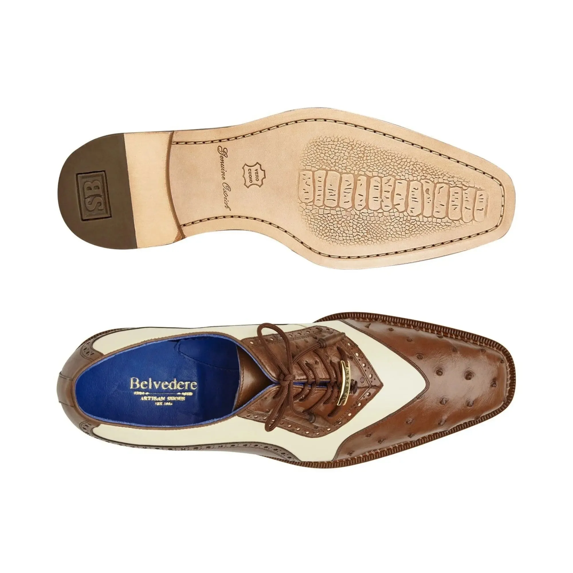 Chaussures Belvedere en Peau Exotique Belvedere Sesto en Marron / Crème Oxford en Plume d'Autruche