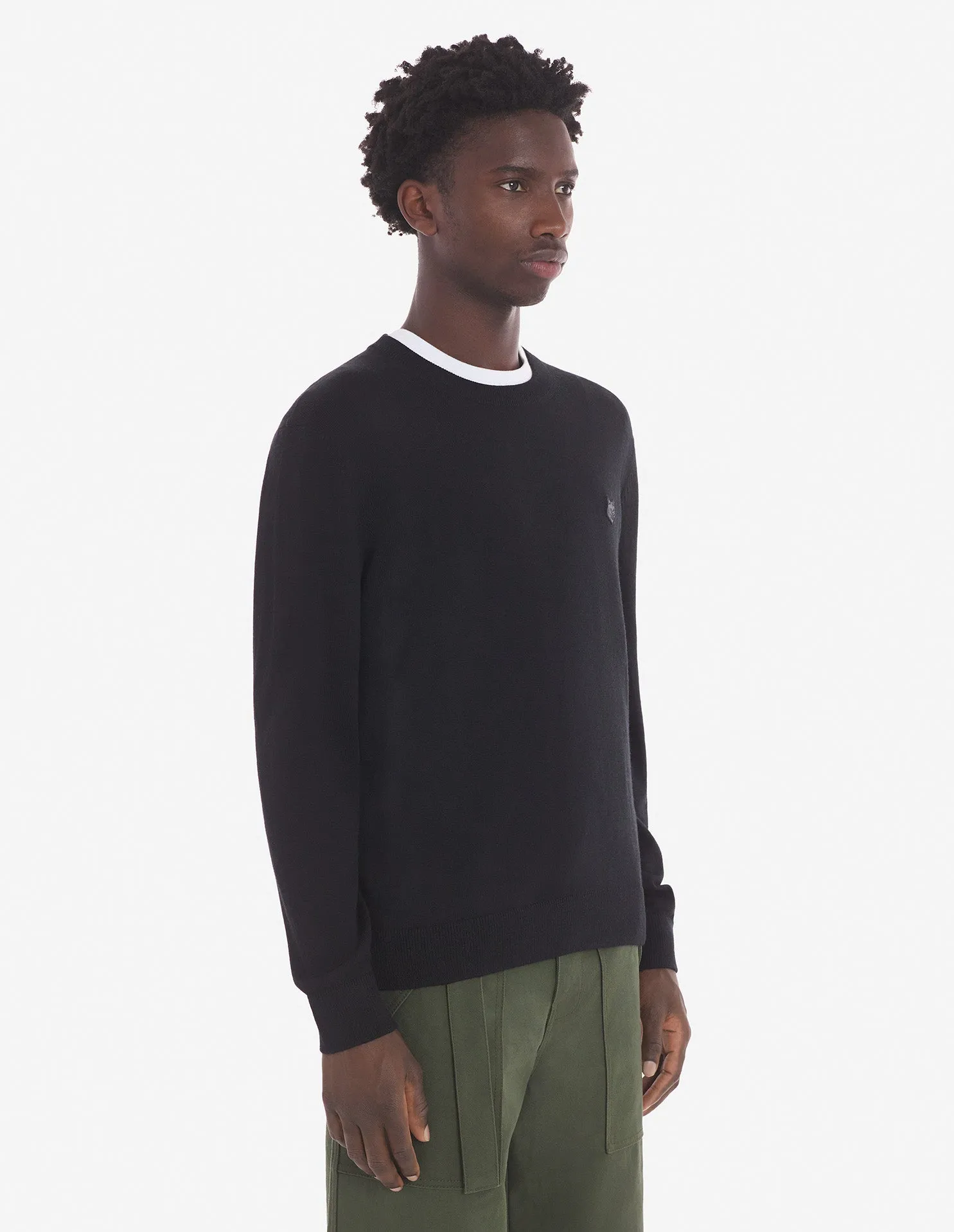 Pull Regular Noir avec Patch de Tête de Renard en Gras