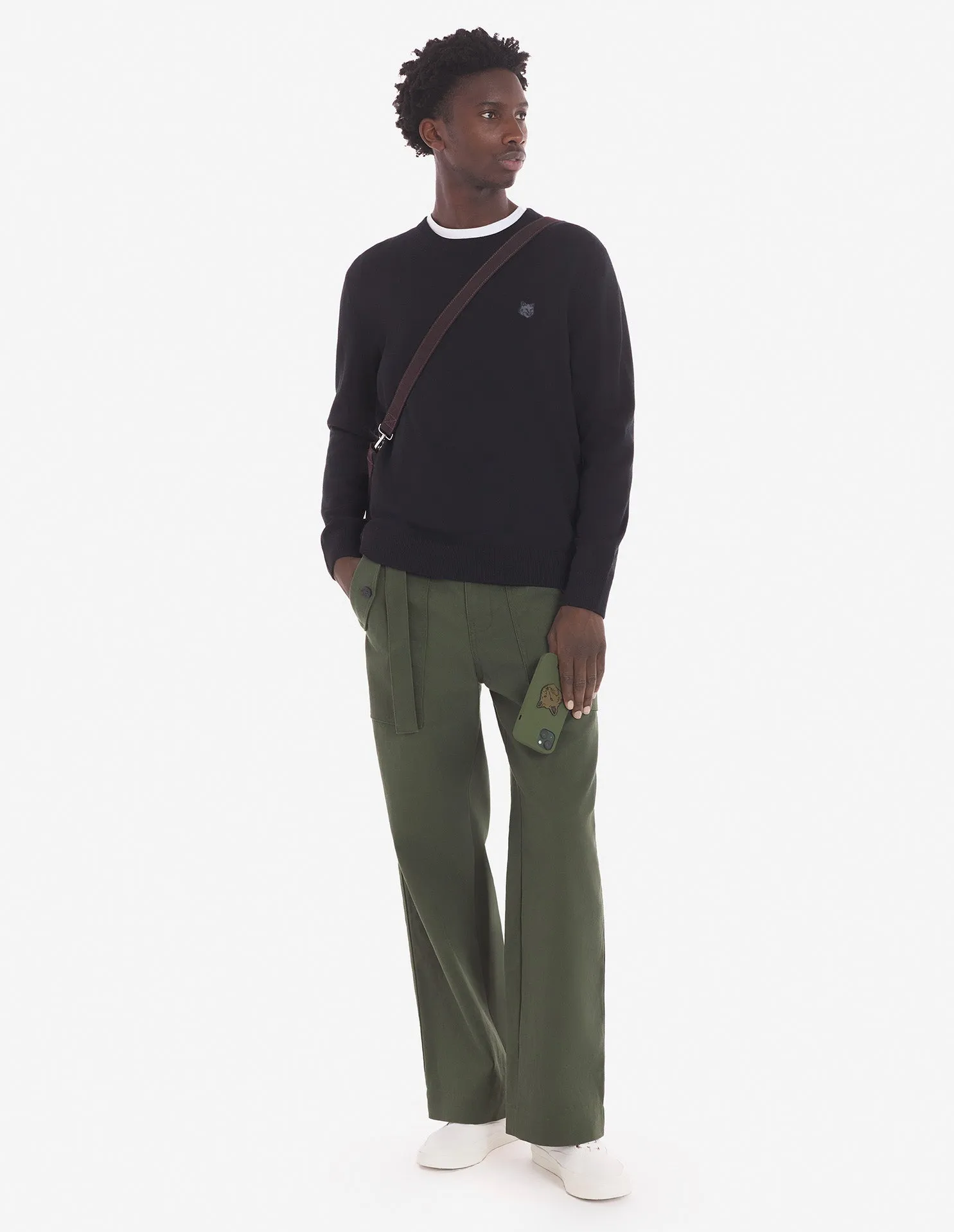 Pull Regular Noir avec Patch de Tête de Renard en Gras