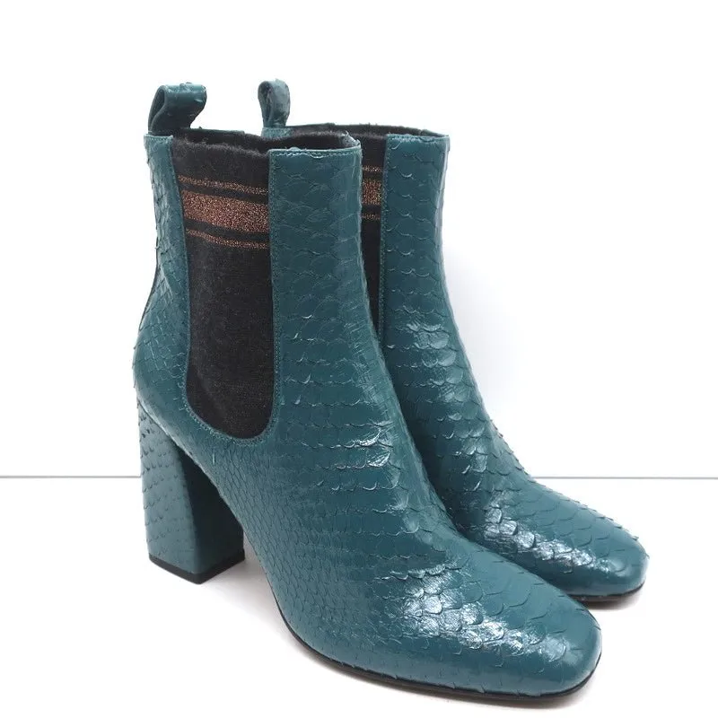 Bottes Brunello Cucinelli à cheville avec motif serpentin bleu-vert taille 41 talon bloc