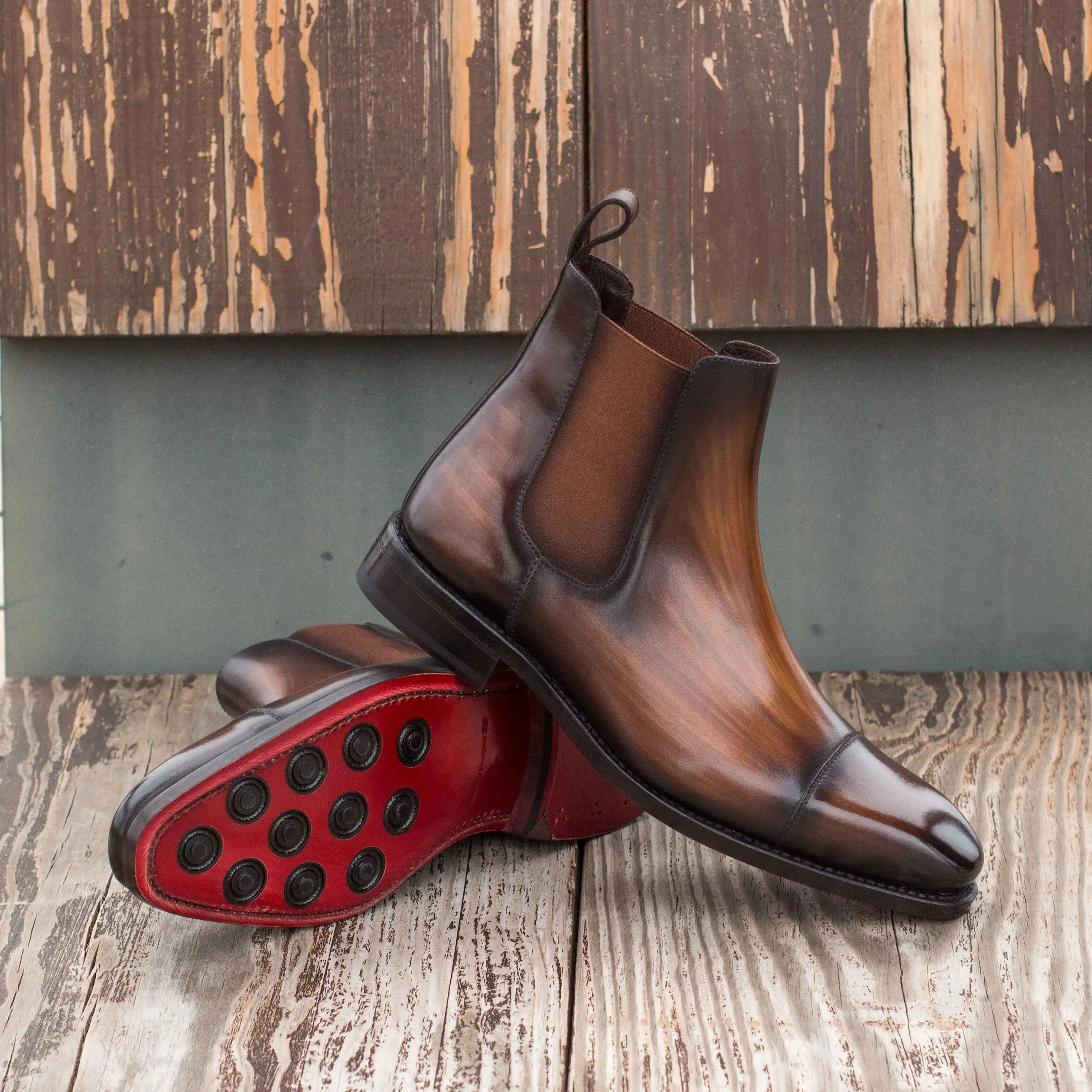 Bottes Chelsea DapperFam Monza en Marron pour Hommes à Patine Peinte à la Main