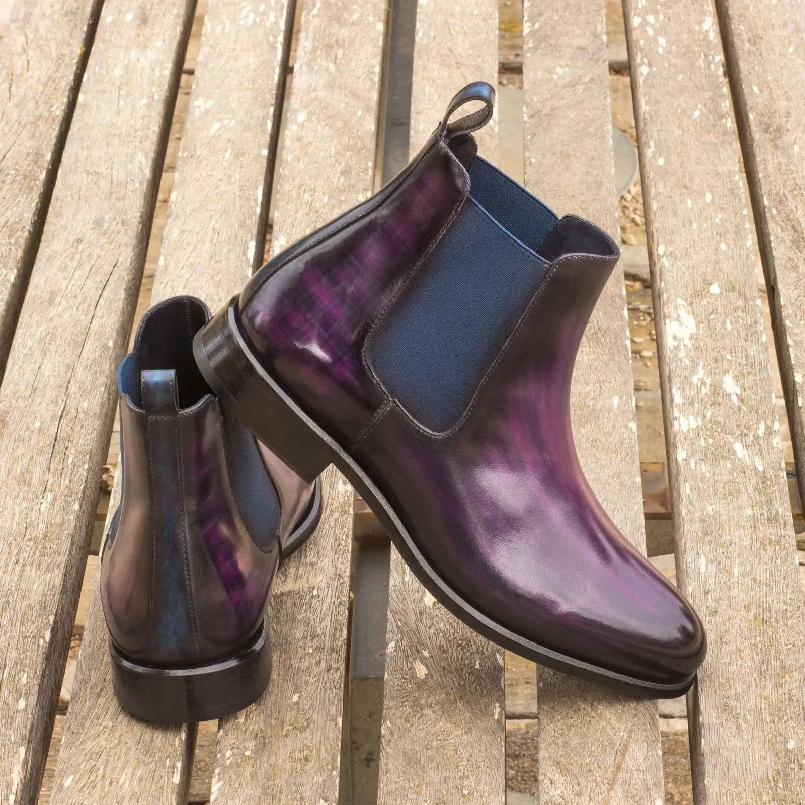 Chaussures Dapperfam DapperFam Monza en Violet / Denim Bottine Chelsea à Patine Peinte à la Main pour Homme