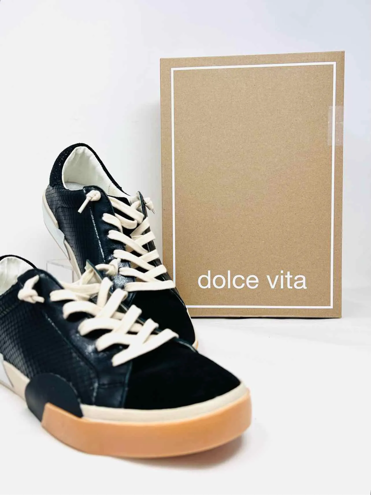 Dolce Vita Taille 10 Noir/Argent Cuir Reptile NEUF Chaussures Sneakers