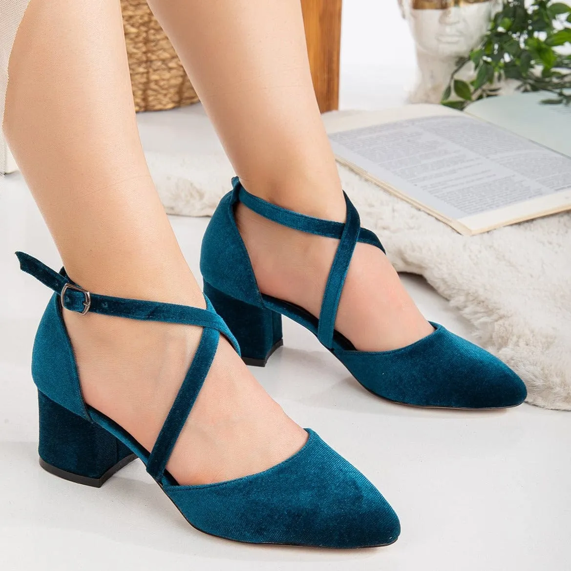 Dolly Vegan Velvet Talons Blocs | Bleu Sarcelle