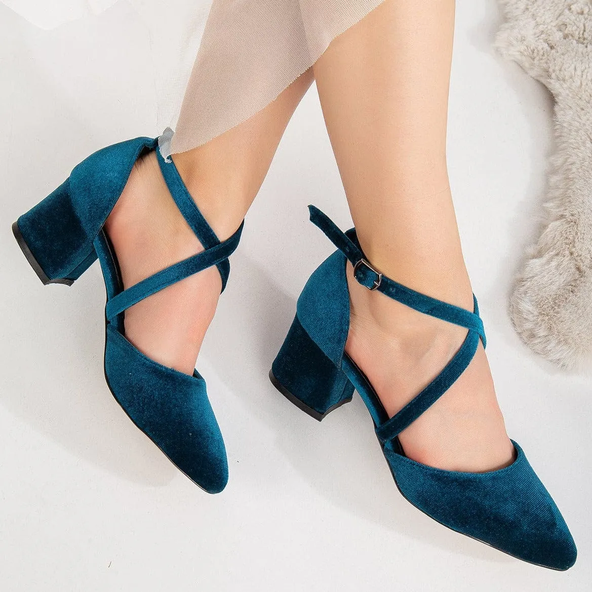 Dolly Vegan Velvet Talons Blocs | Bleu Sarcelle