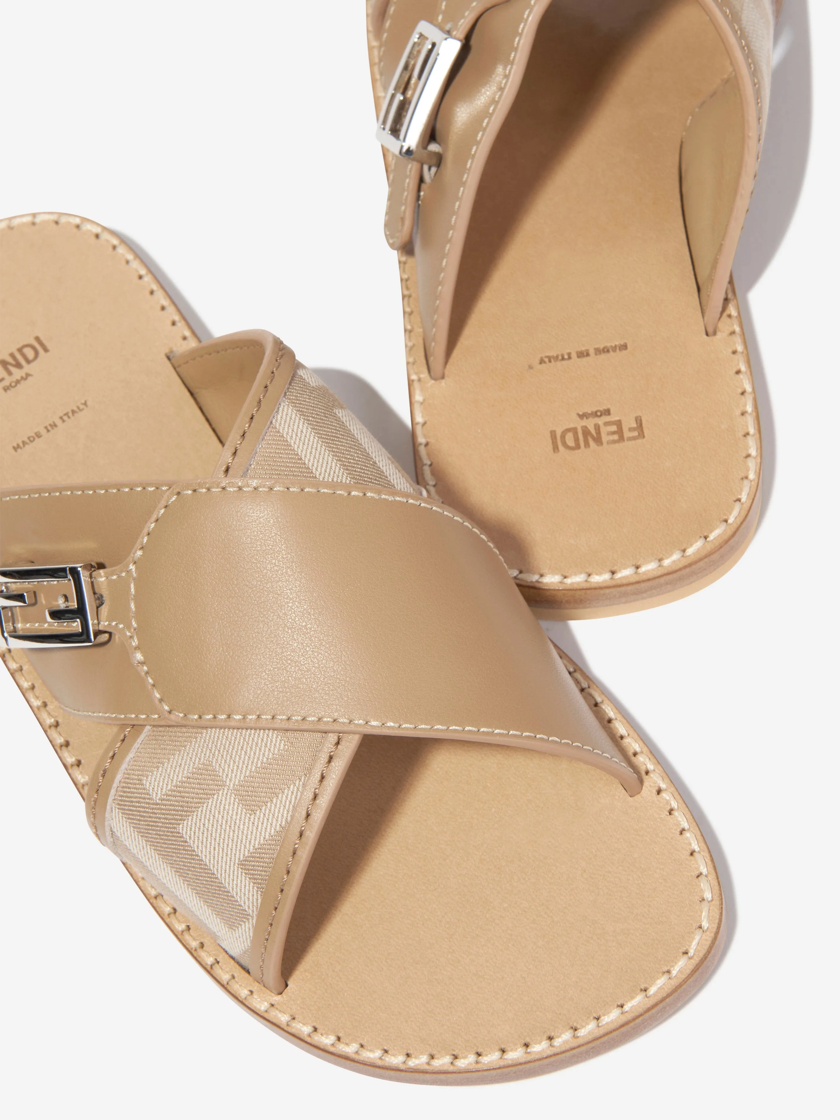 Sandales en cuir Fendi Girls avec logo FF en beige