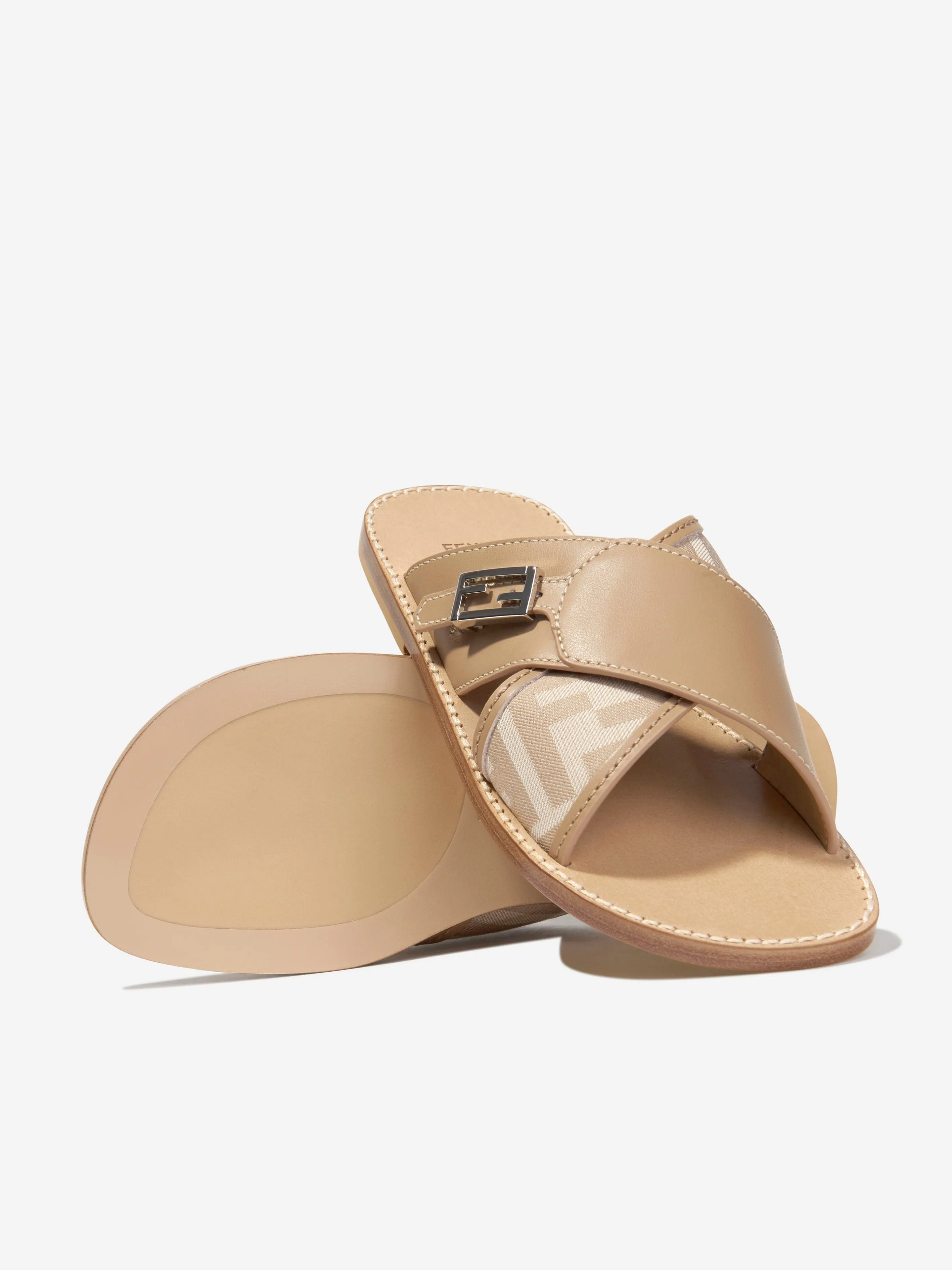 Sandales en cuir Fendi Girls avec logo FF en beige