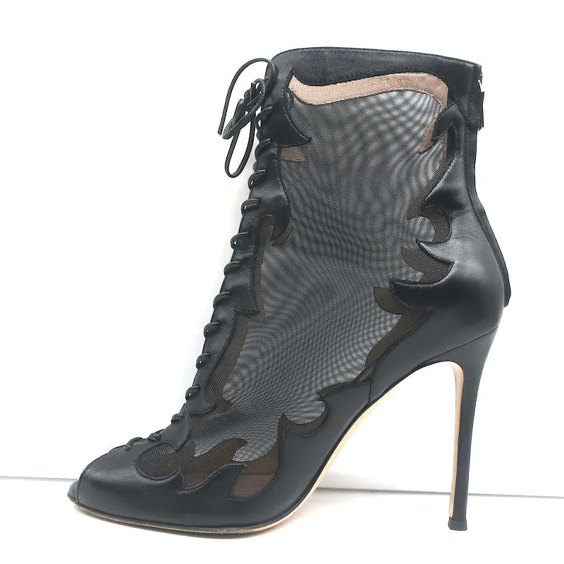 Bottes à lacets Gianvito Rossi à bout ouvert en cuir noir et mesh taille 38