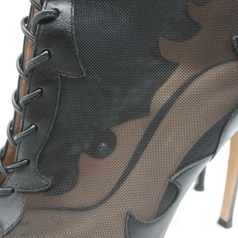 Bottes à lacets Gianvito Rossi à bout ouvert en cuir noir et mesh taille 38