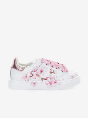 Baskets en cuir blanc à motif fleur de pêcher pour filles