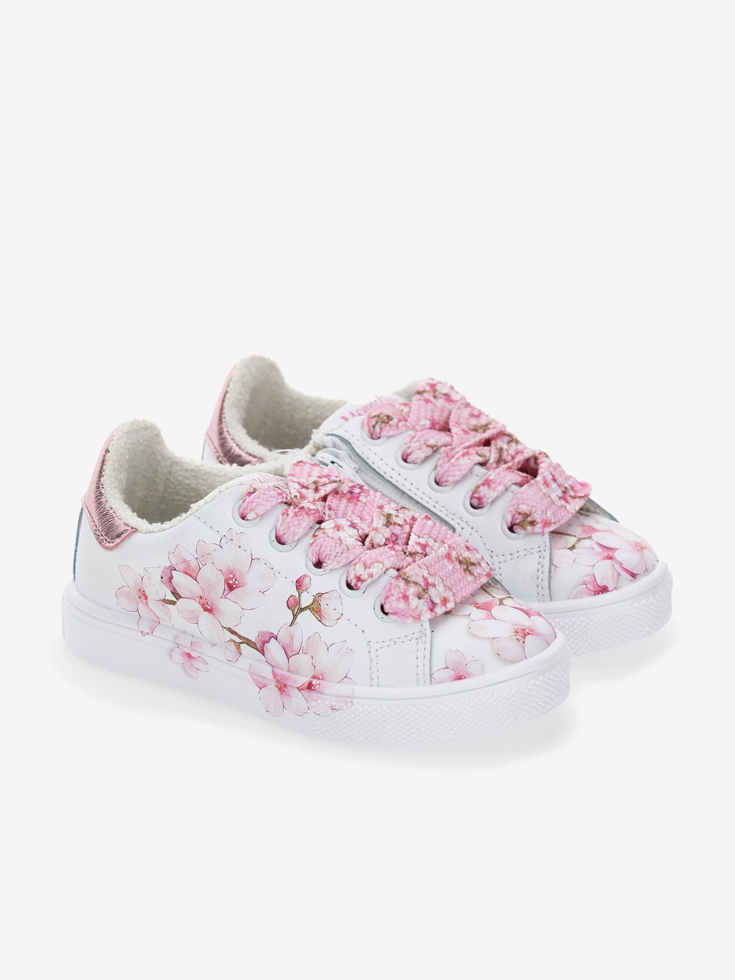 Baskets en cuir blanc à motif fleur de pêcher pour filles