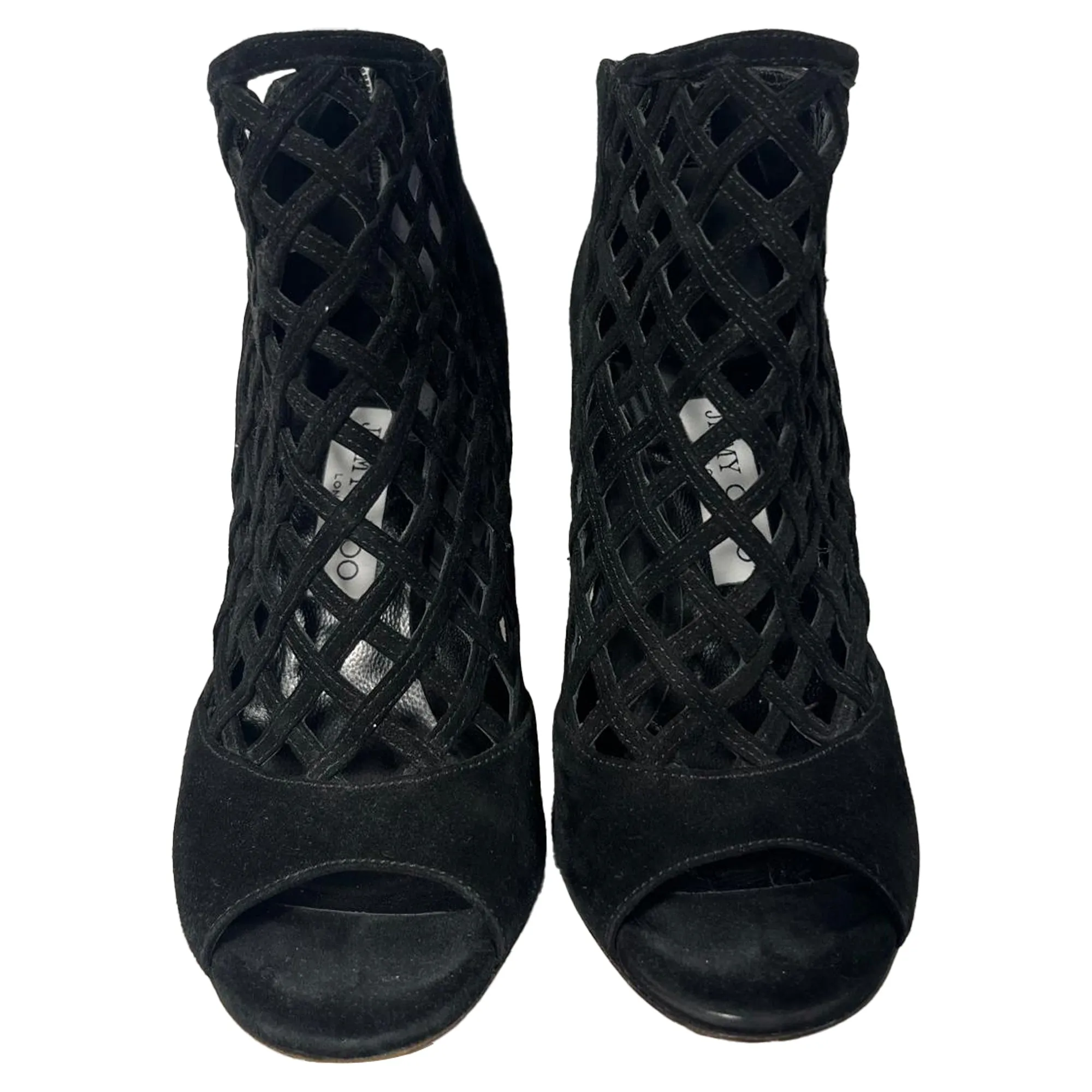 Bottes Jimmy Choo à bouts ouverts avec découpes laser en daim noir