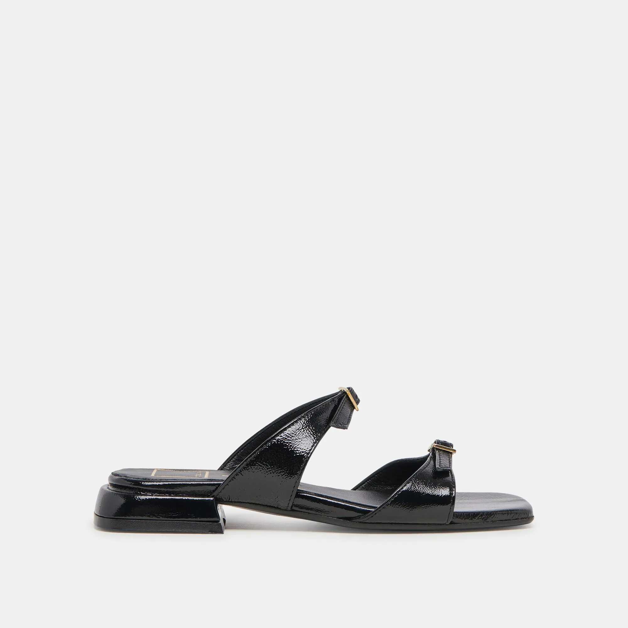 SANDALES LAVERN MIDNIGHT EN CUIR VERNI FROISSÉ