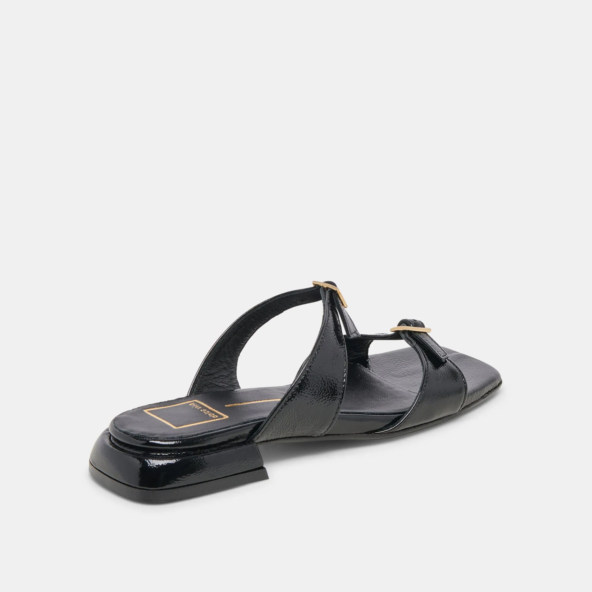 SANDALES LAVERN MIDNIGHT EN CUIR VERNI FROISSÉ