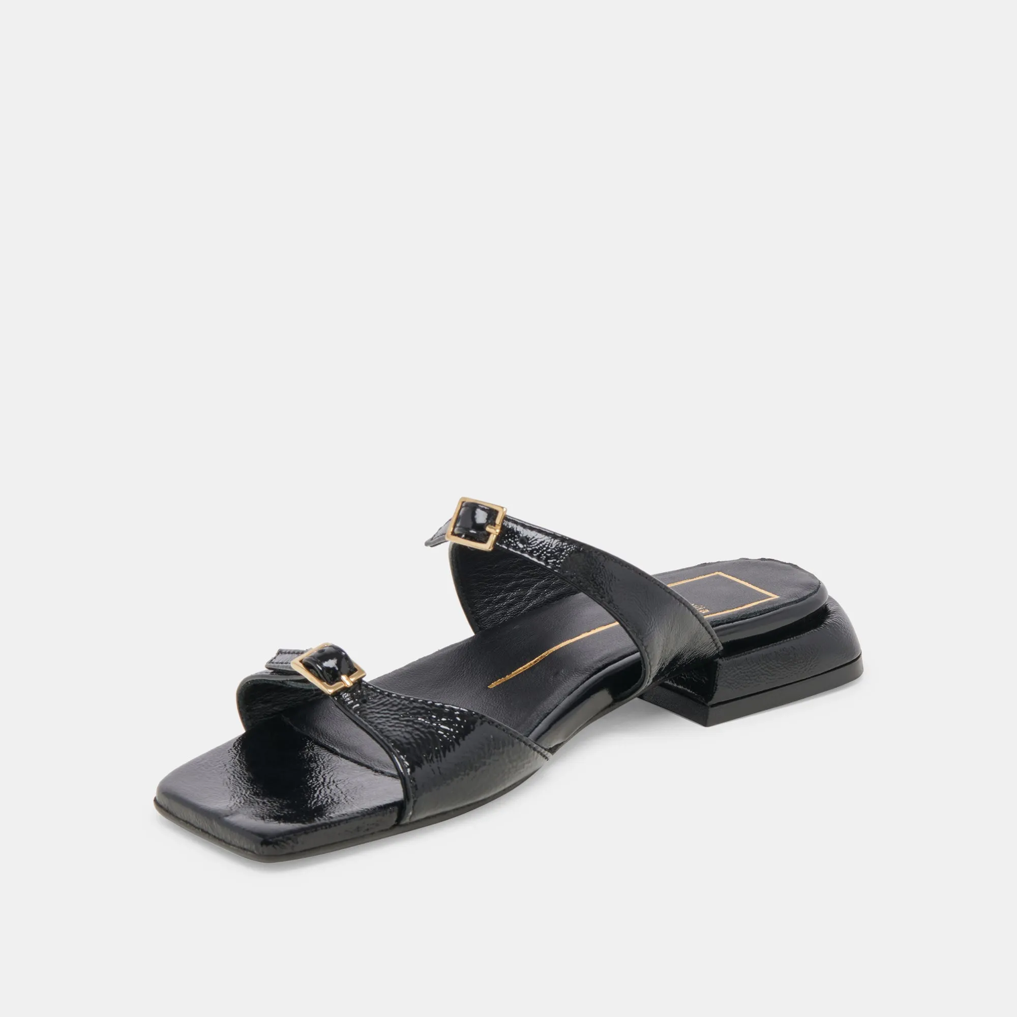SANDALES LAVERN MIDNIGHT EN CUIR VERNI FROISSÉ