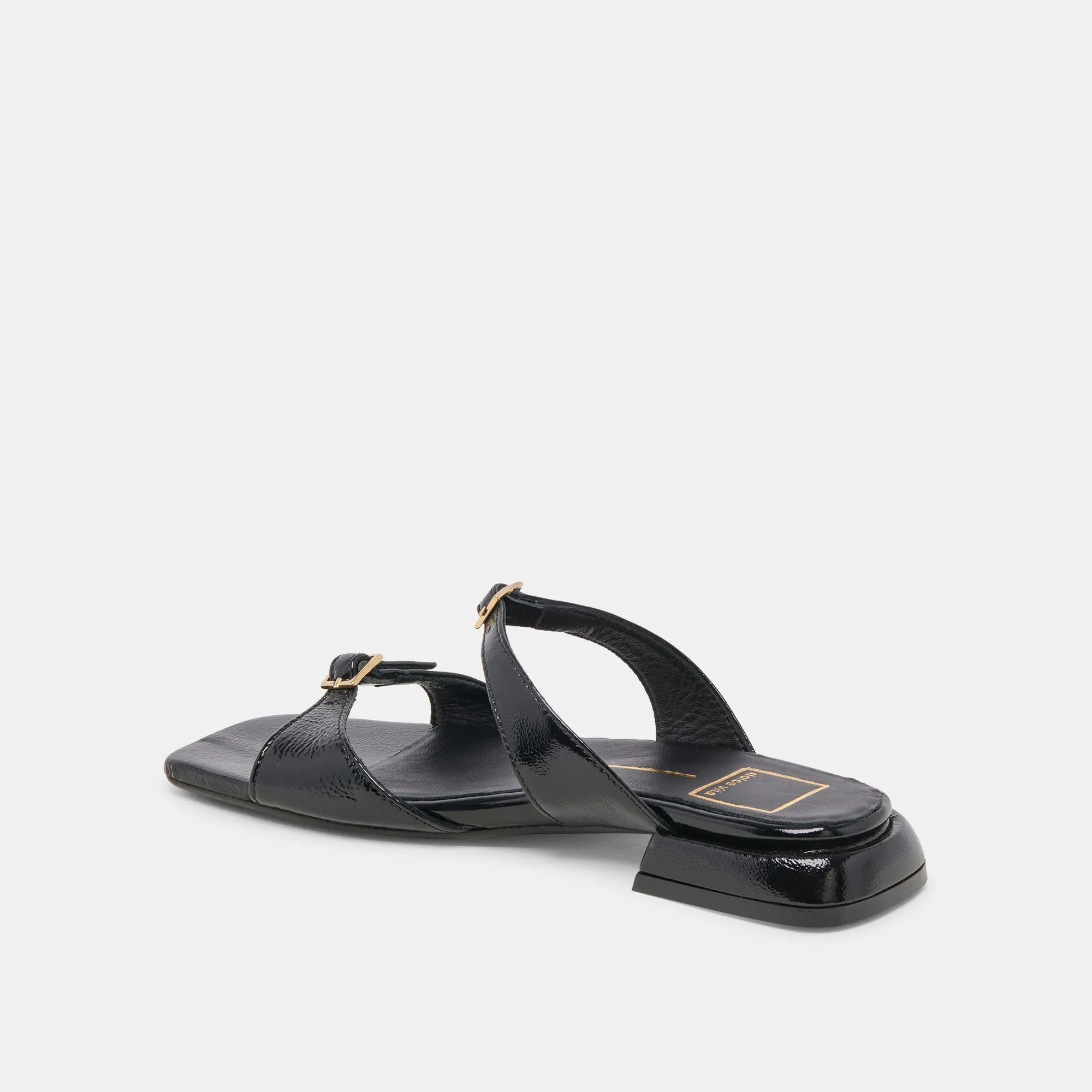 SANDALES LAVERN MIDNIGHT EN CUIR VERNI FROISSÉ