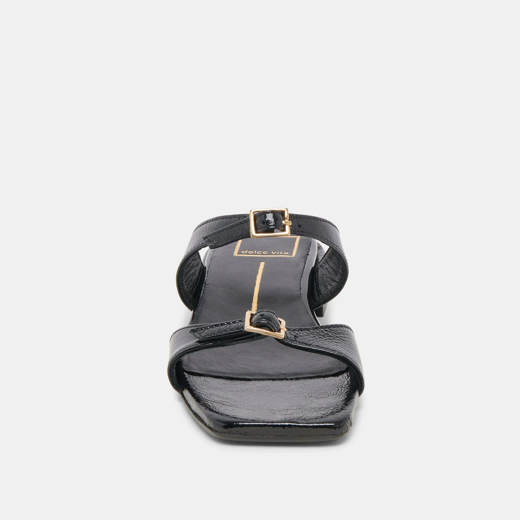 SANDALES LAVERN MIDNIGHT EN CUIR VERNI FROISSÉ