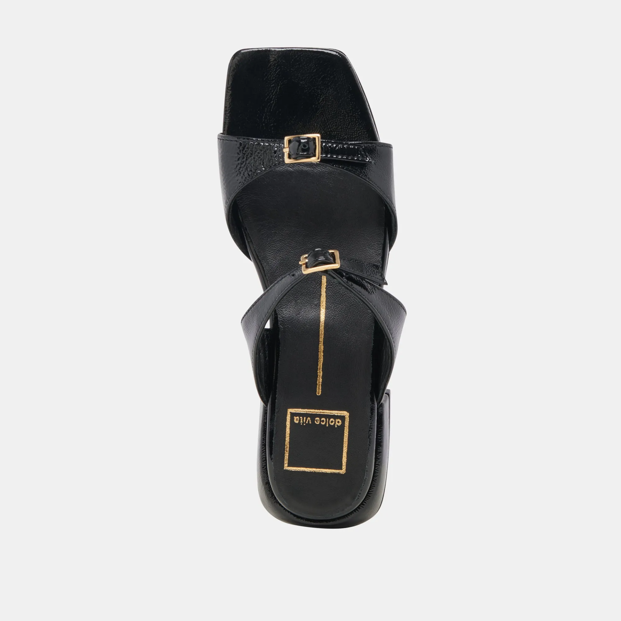 SANDALES LAVERN MIDNIGHT EN CUIR VERNI FROISSÉ