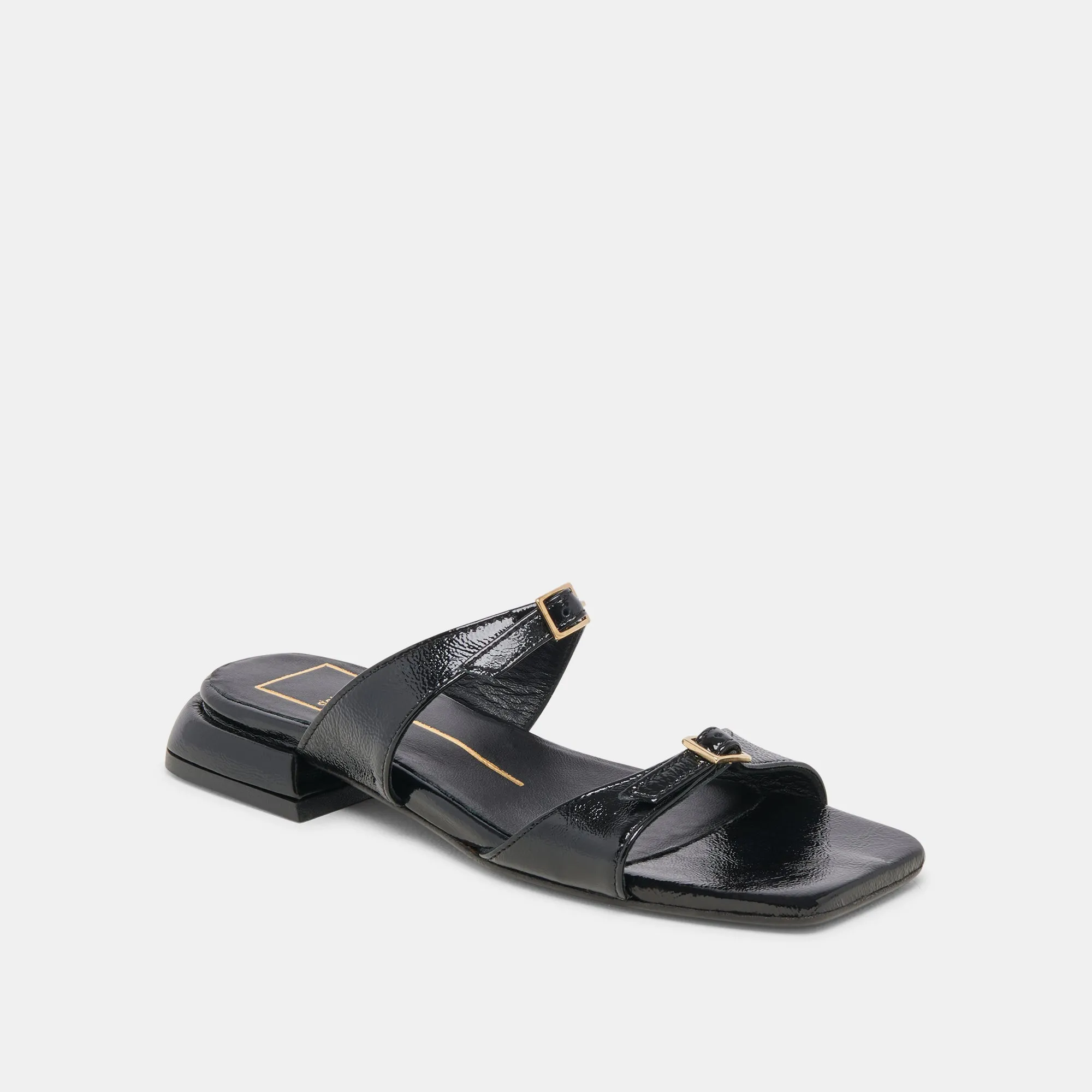 SANDALES LAVERN MIDNIGHT EN CUIR VERNI FROISSÉ