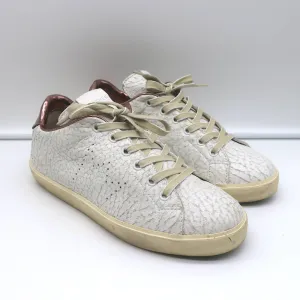 Leather Crown LC06 Baskets Basses Blanc Craquelé & Or Rose Métallisé Taille 37