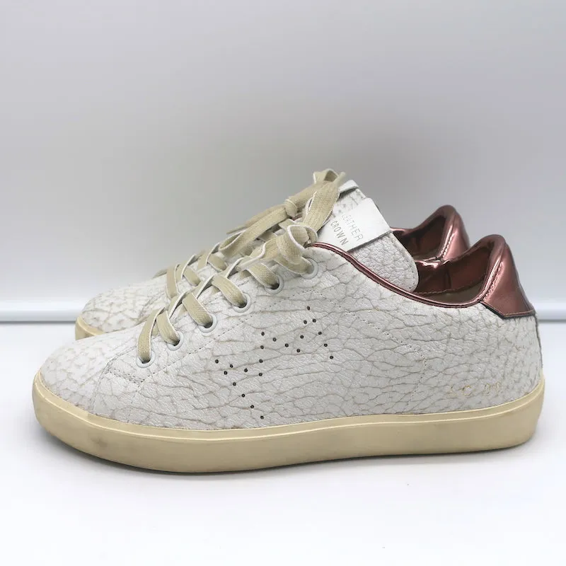 Leather Crown LC06 Baskets Basses Blanc Craquelé & Or Rose Métallisé Taille 37