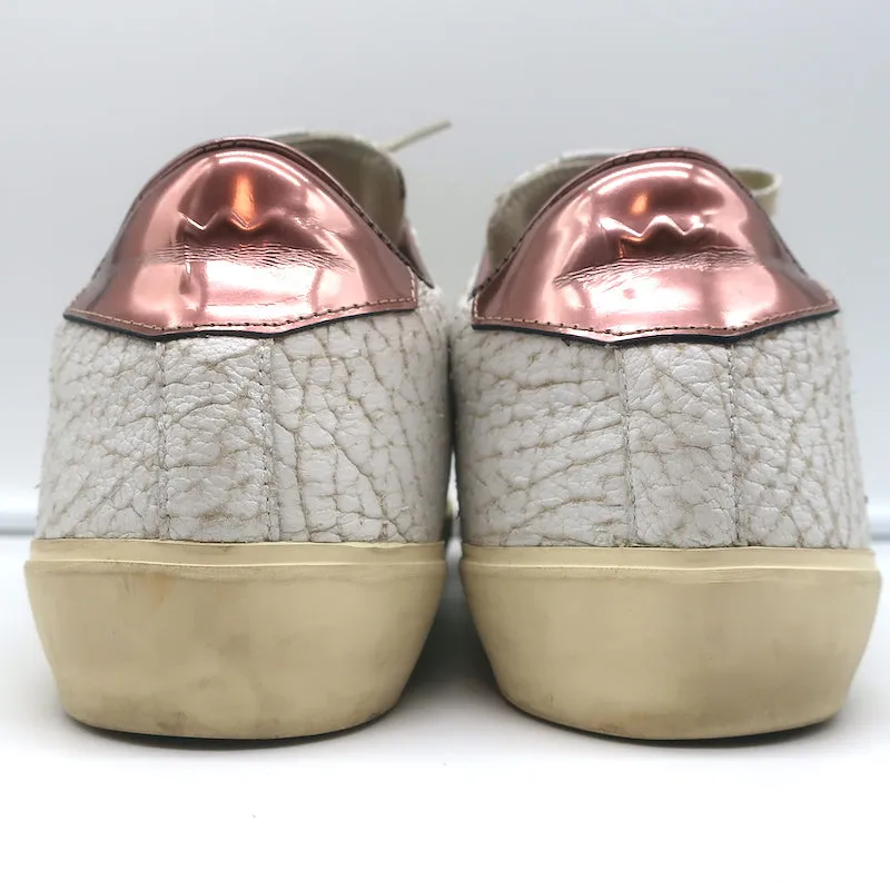 Leather Crown LC06 Baskets Basses Blanc Craquelé & Or Rose Métallisé Taille 37