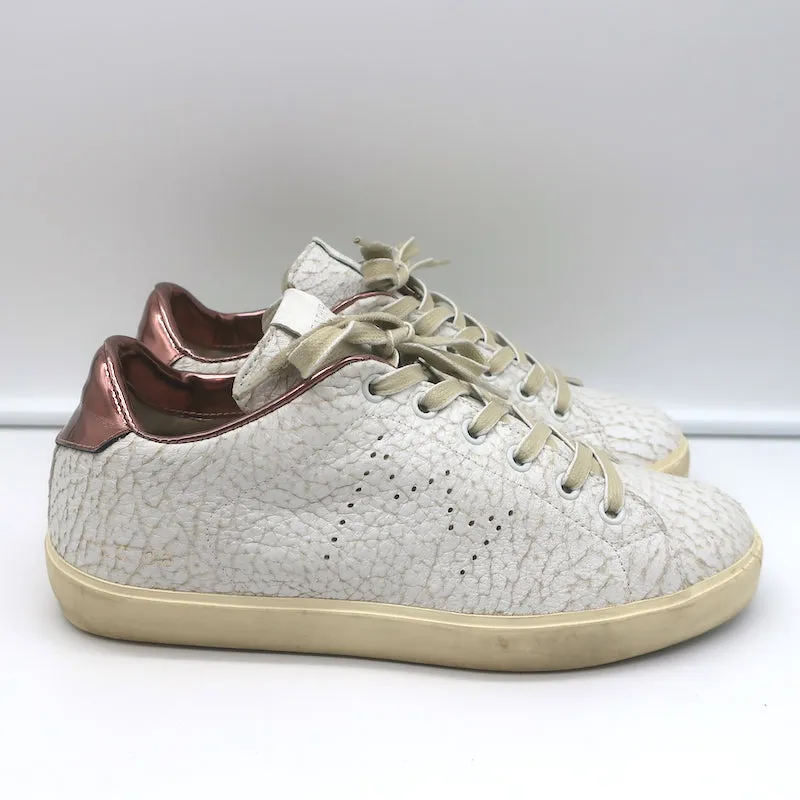 Leather Crown LC06 Baskets Basses Blanc Craquelé & Or Rose Métallisé Taille 37