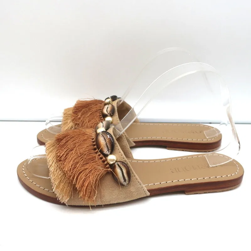 Sandales à glissière frangées ornées de coquillages Mystique en daim beige Taille 7 NEUVE