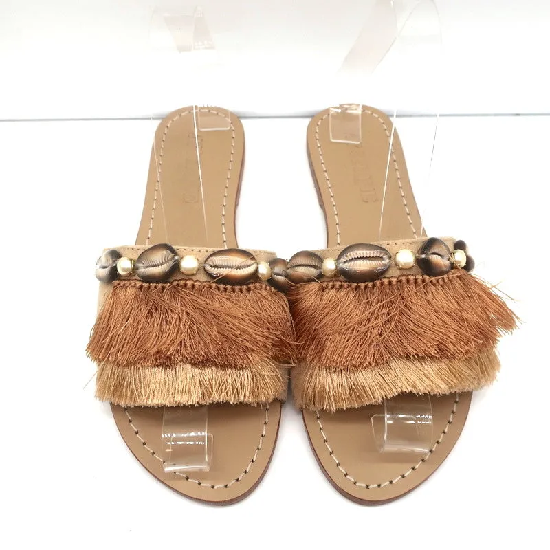 Sandales à glissière frangées ornées de coquillages Mystique en daim beige Taille 7 NEUVE