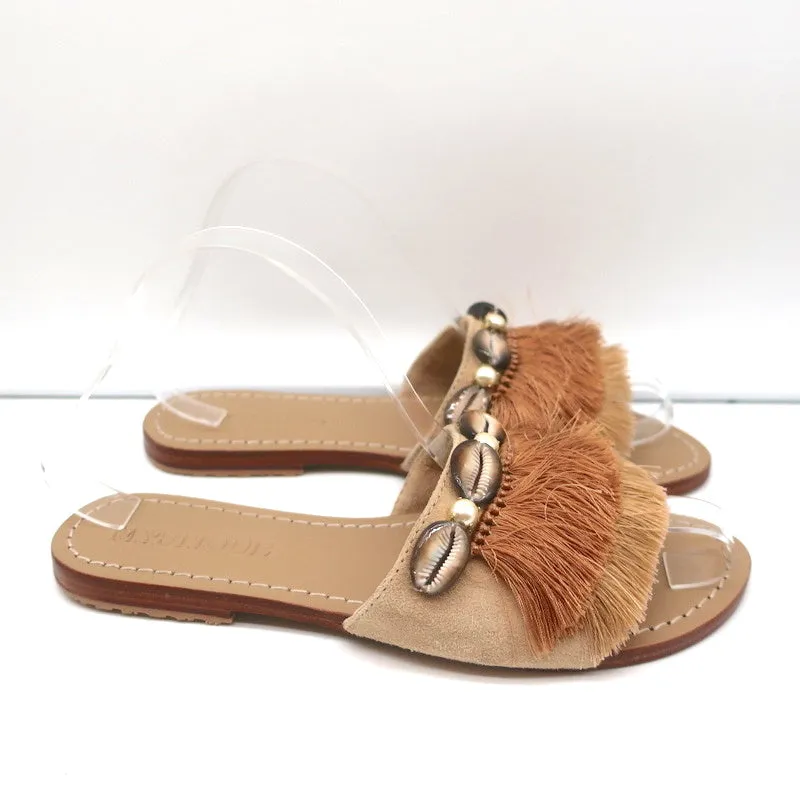 Sandales à glissière frangées ornées de coquillages Mystique en daim beige Taille 7 NEUVE