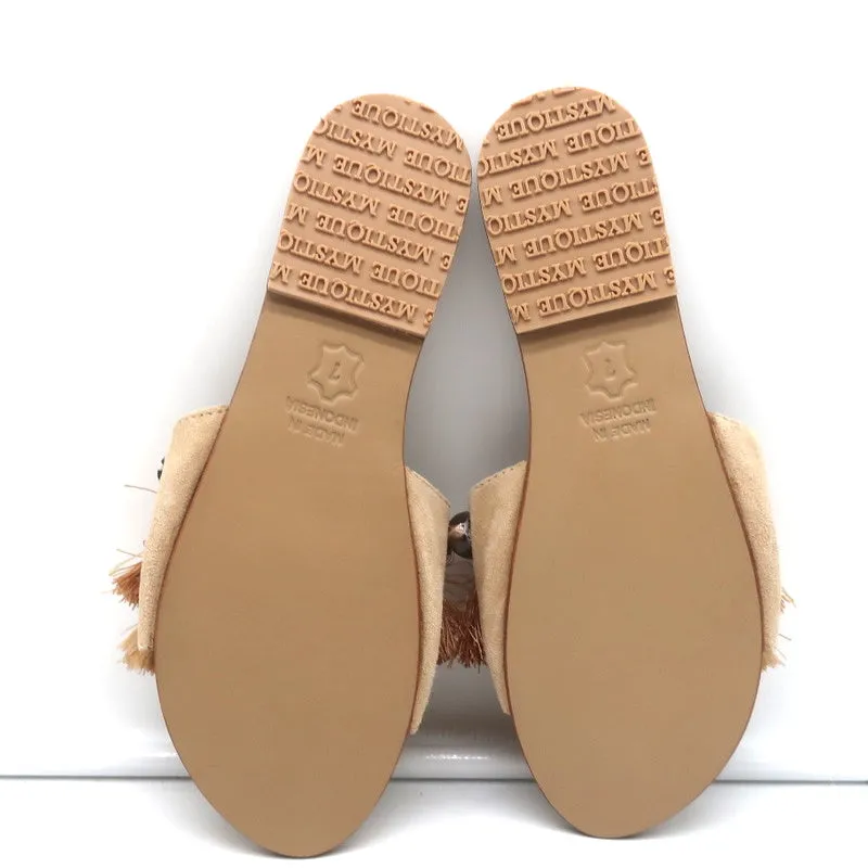 Sandales à glissière frangées ornées de coquillages Mystique en daim beige Taille 7 NEUVE