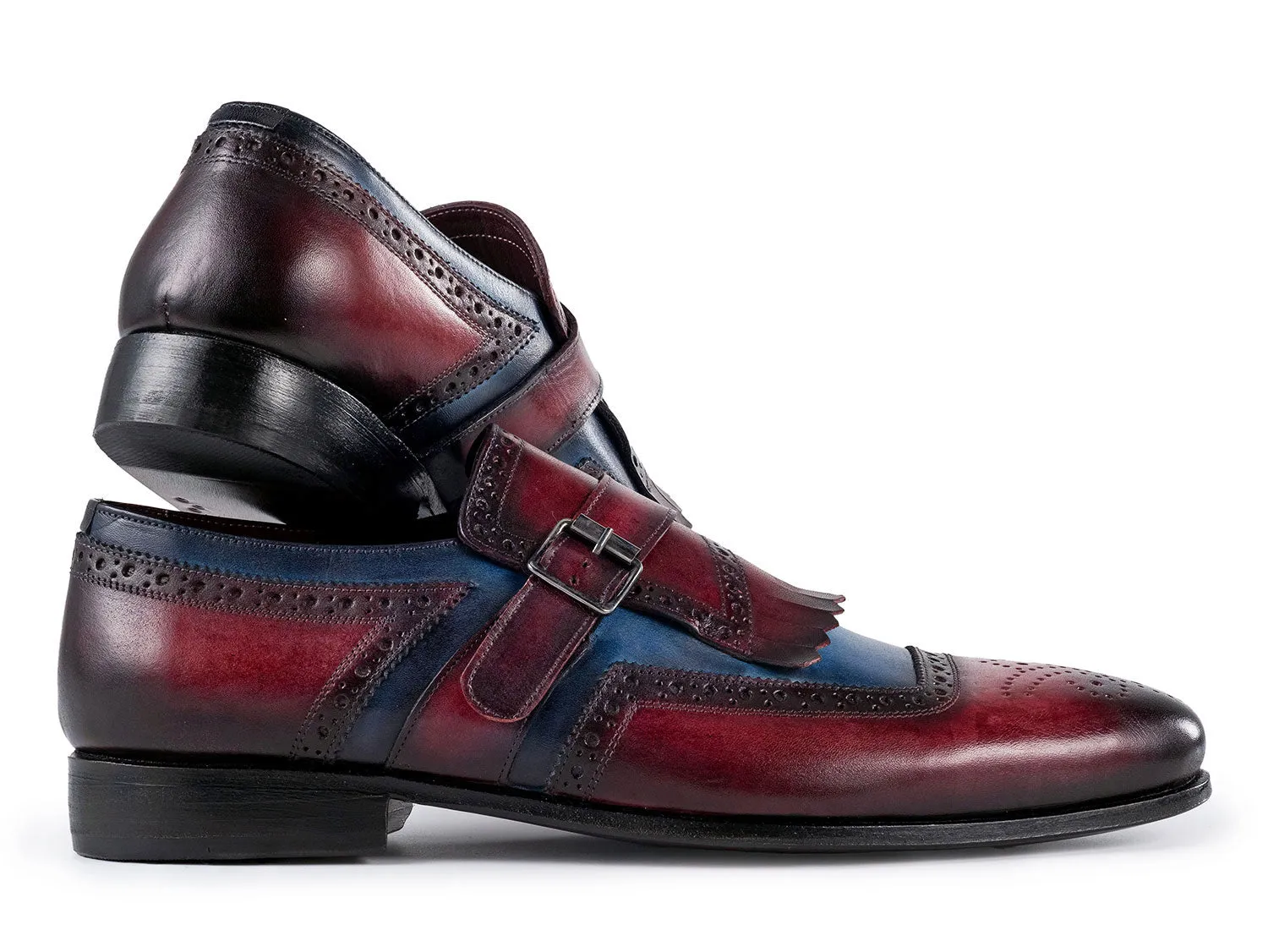Paul Parkman Chaussures Paul Parkman Chaussures en cuir à bride monastique avec rabat pour hommes en bleu et bordeaux