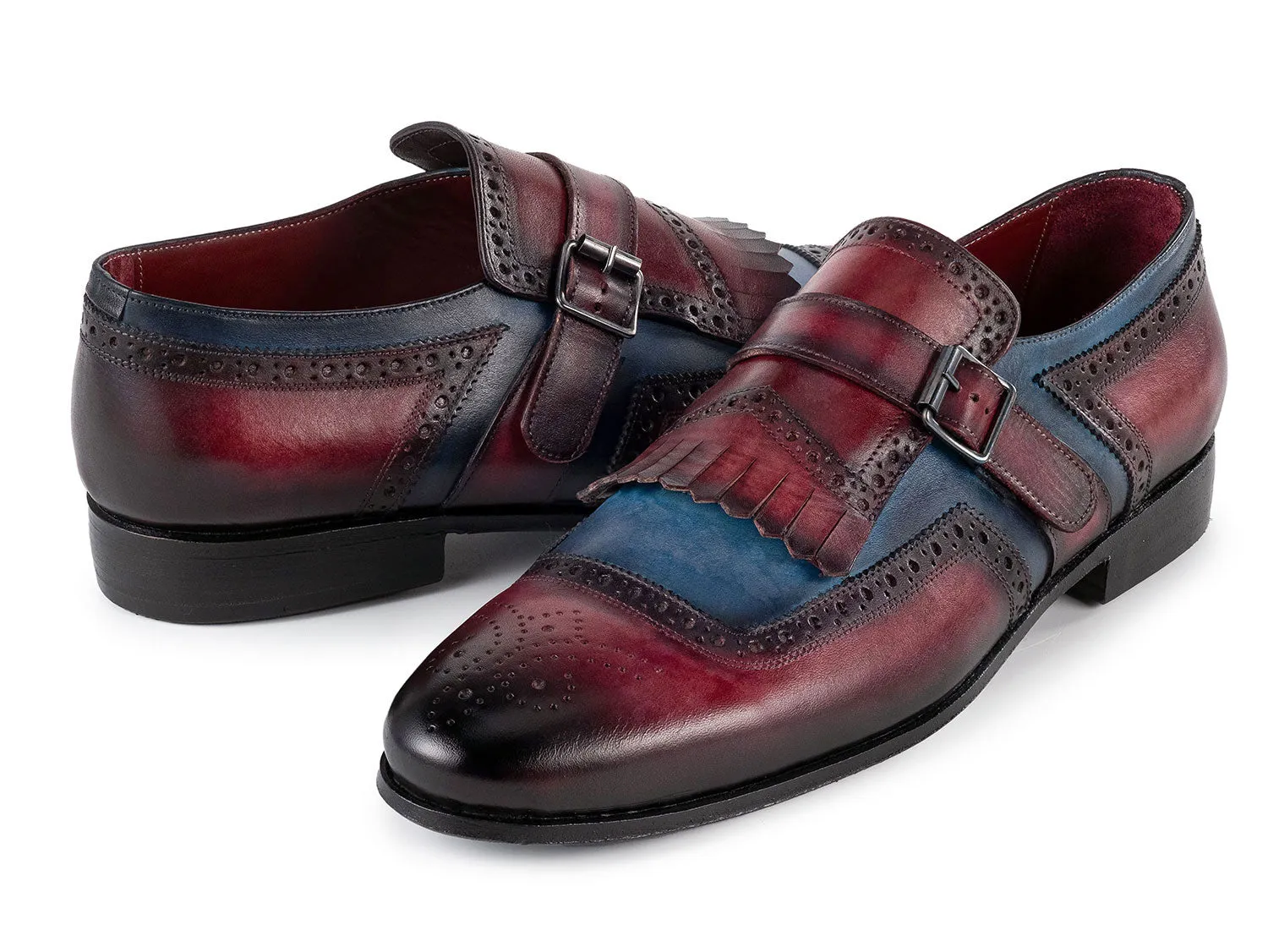 Paul Parkman Chaussures Paul Parkman Chaussures en cuir à bride monastique avec rabat pour hommes en bleu et bordeaux