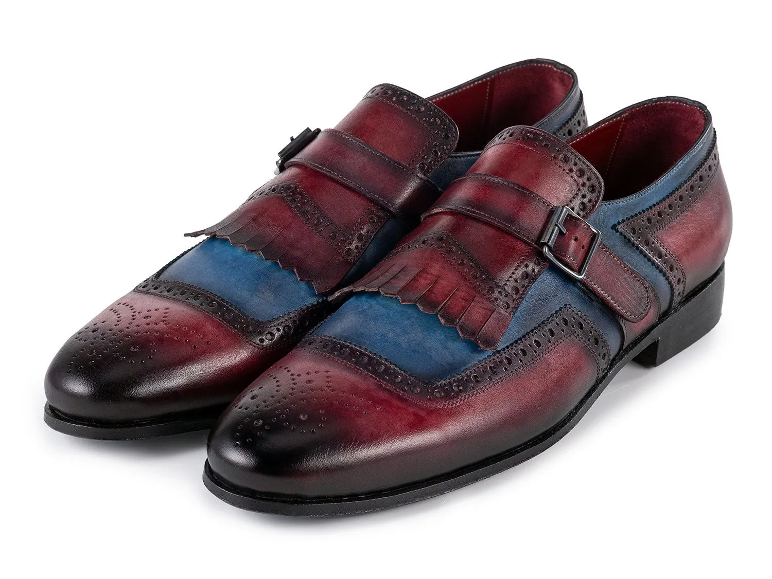 Paul Parkman Chaussures Paul Parkman Chaussures en cuir à bride monastique avec rabat pour hommes en bleu et bordeaux