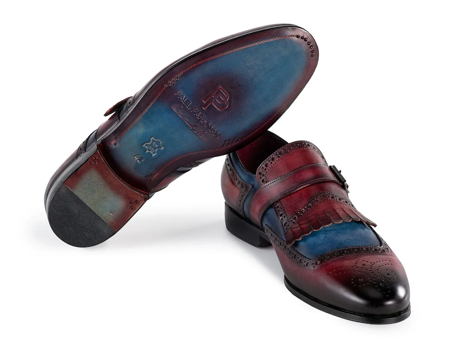 Paul Parkman Chaussures Paul Parkman Chaussures en cuir à bride monastique avec rabat pour hommes en bleu et bordeaux