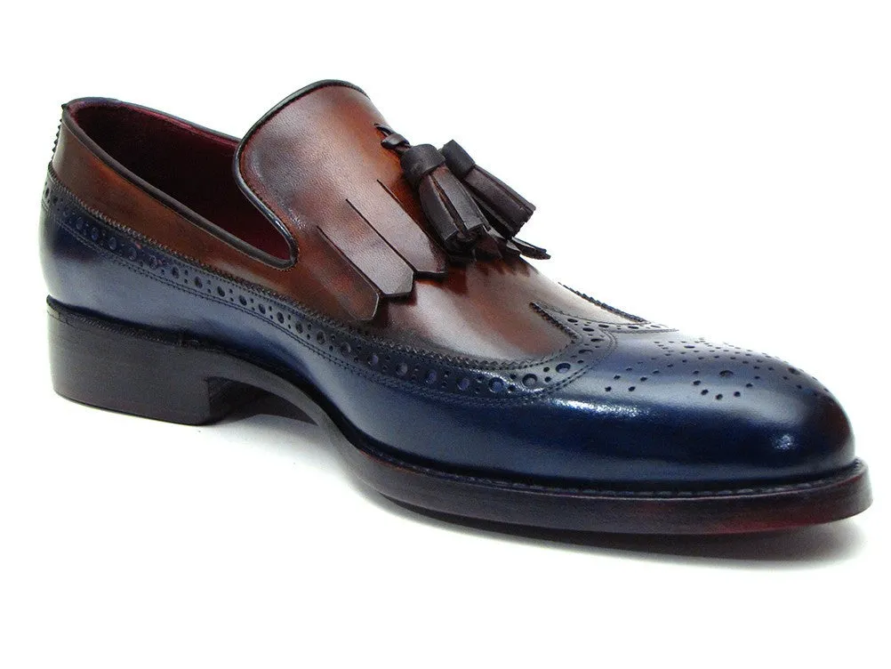 Paul Parkman Chaussures Paul Parkman Mocassins à Franges et Pompons en Cuir pour Hommes en Bleu Marine et Tabac
