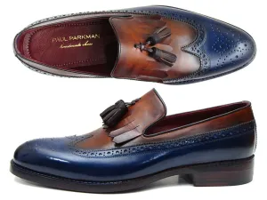 Paul Parkman Chaussures Paul Parkman Mocassins à Franges et Pompons en Cuir pour Hommes en Bleu Marine et Tabac