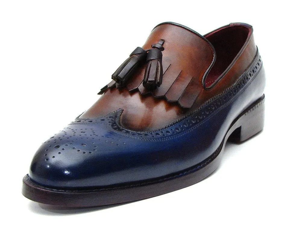 Paul Parkman Chaussures Paul Parkman Mocassins à Franges et Pompons en Cuir pour Hommes en Bleu Marine et Tabac