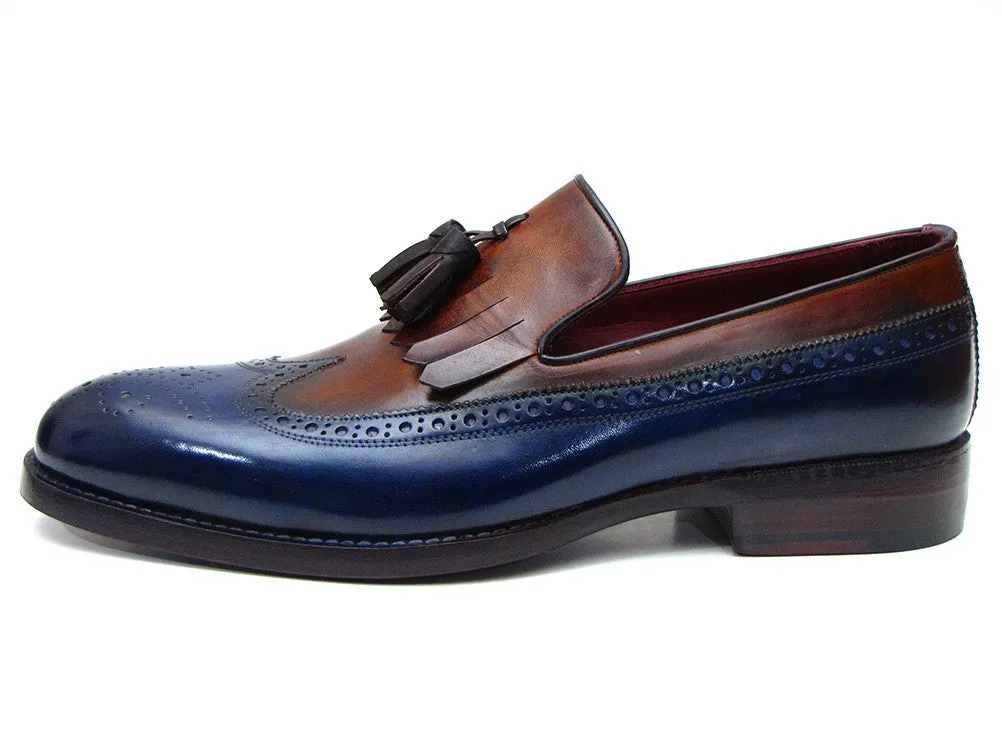 Paul Parkman Chaussures Paul Parkman Mocassins à Franges et Pompons en Cuir pour Hommes en Bleu Marine et Tabac
