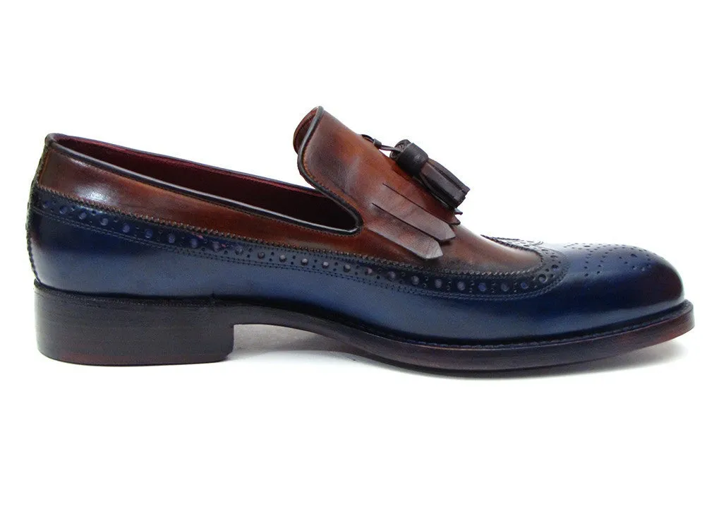 Paul Parkman Chaussures Paul Parkman Mocassins à Franges et Pompons en Cuir pour Hommes en Bleu Marine et Tabac