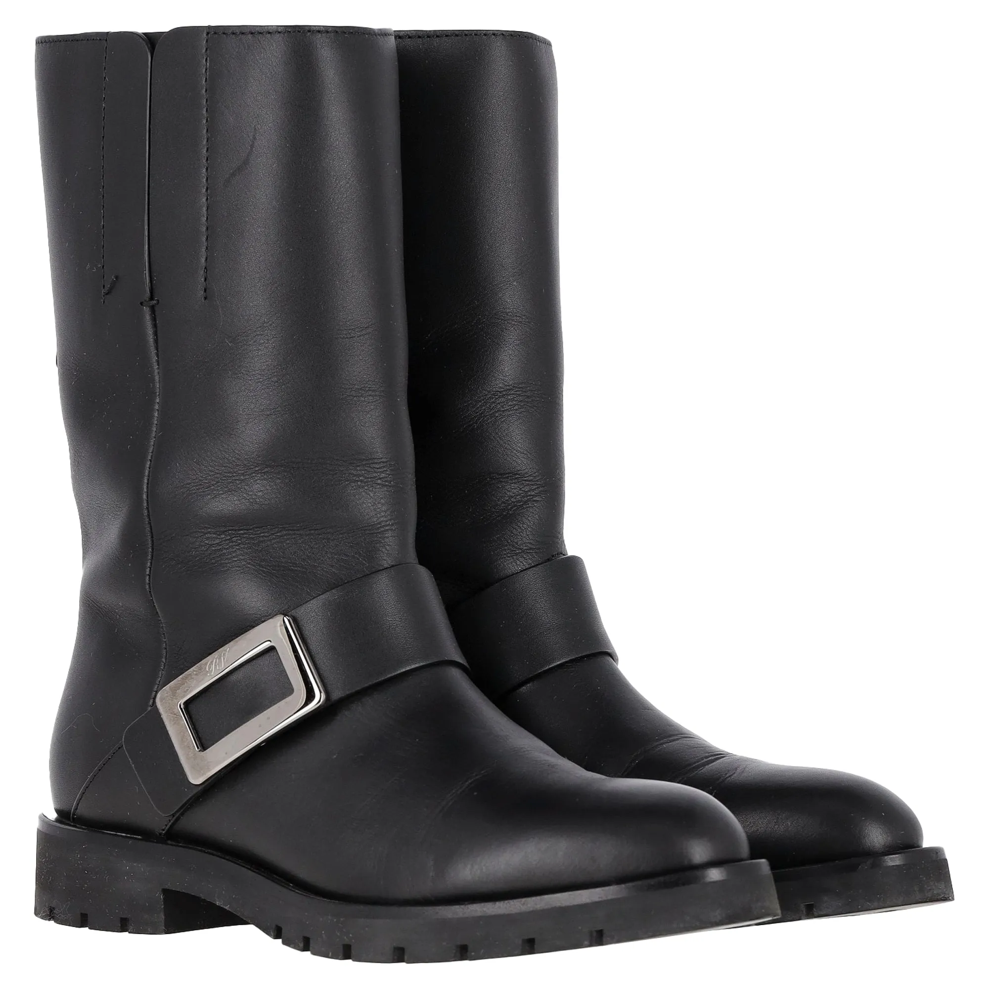 Bottes Biker à Boucle Roger Vivier en Cuir Noir