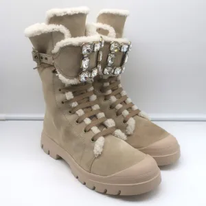Bottes Roger Vivier Walky Viv à boucle cristal en daim beige doublées en shearling taille 38.5