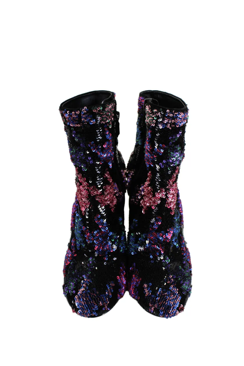Bottines Roger Vivier Femme à Zip Latéral Talon Bloc Sequins Noir Multi