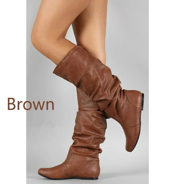 Bottes Moto en Cuir Souple pour Femme Printemps Automne Plates Longues Pu Chaussures à Talon Wedge Design Fête Taille 35-43 Fashion Nova