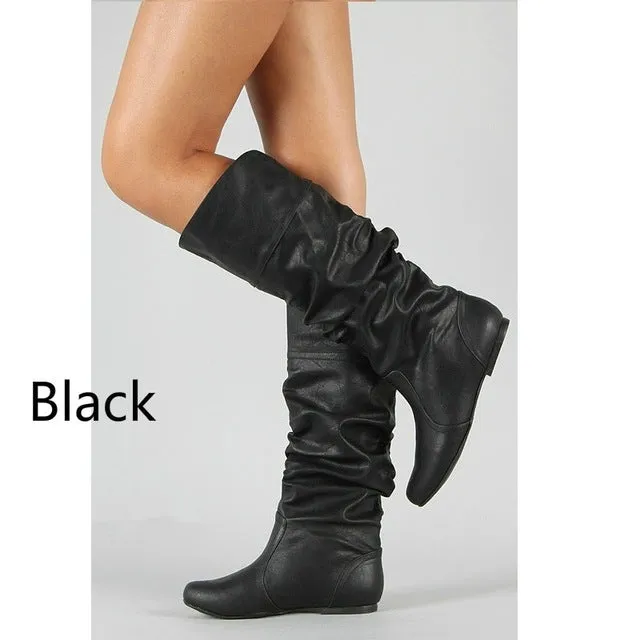 Bottes Moto en Cuir Souple pour Femme Printemps Automne Plates Longues Pu Chaussures à Talon Wedge Design Fête Taille 35-43 Fashion Nova