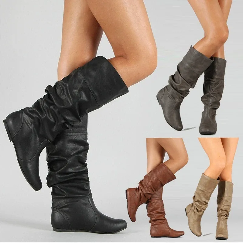 Bottes Moto en Cuir Souple pour Femme Printemps Automne Plates Longues Pu Chaussures à Talon Wedge Design Fête Taille 35-43 Fashion Nova